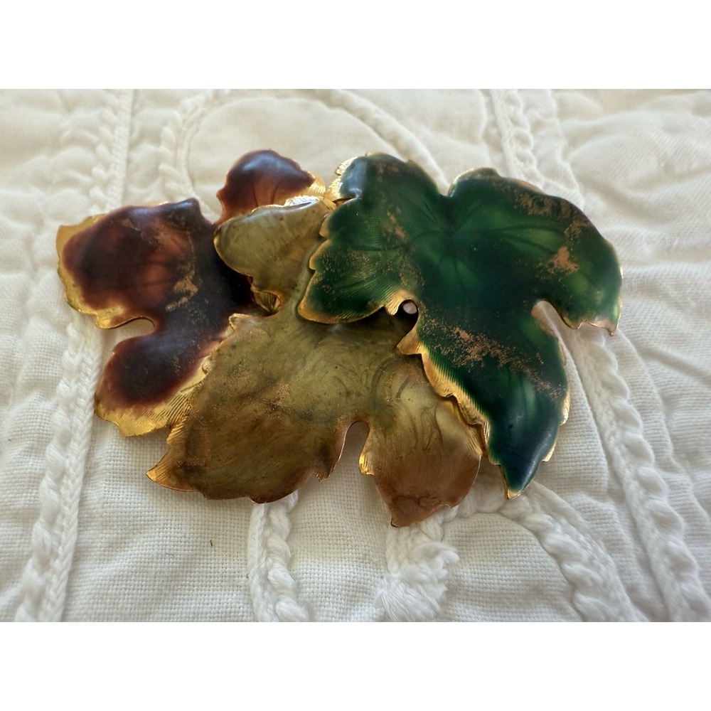 Vintage 3" Three Leaf Autumn Pin Brooch Gold Tone Background Enamel‎ Fall Colors